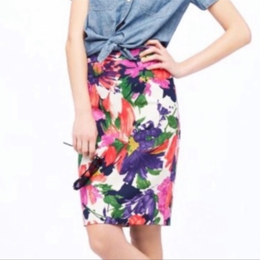 J. Crew Floral Midi Skirt in White with Purple, Pink, Orange & Green